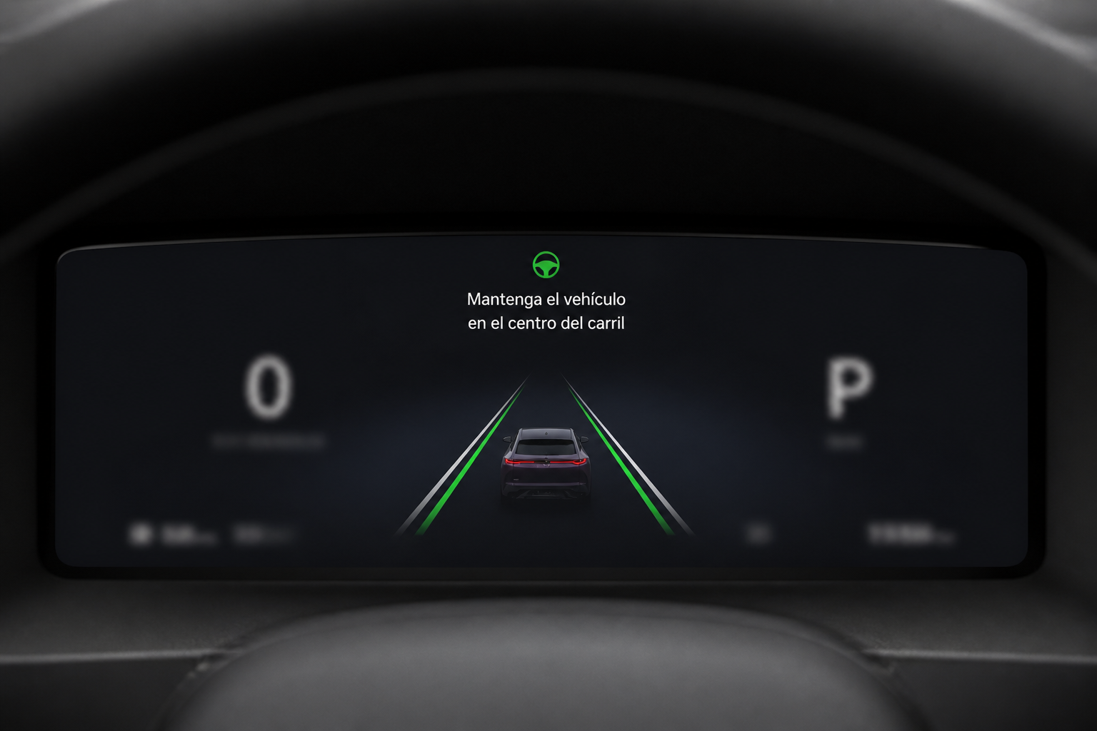 Pantalla del conductor mostrando un aviso ilustrado de mantenimiento de carril con los valores desenfocados.