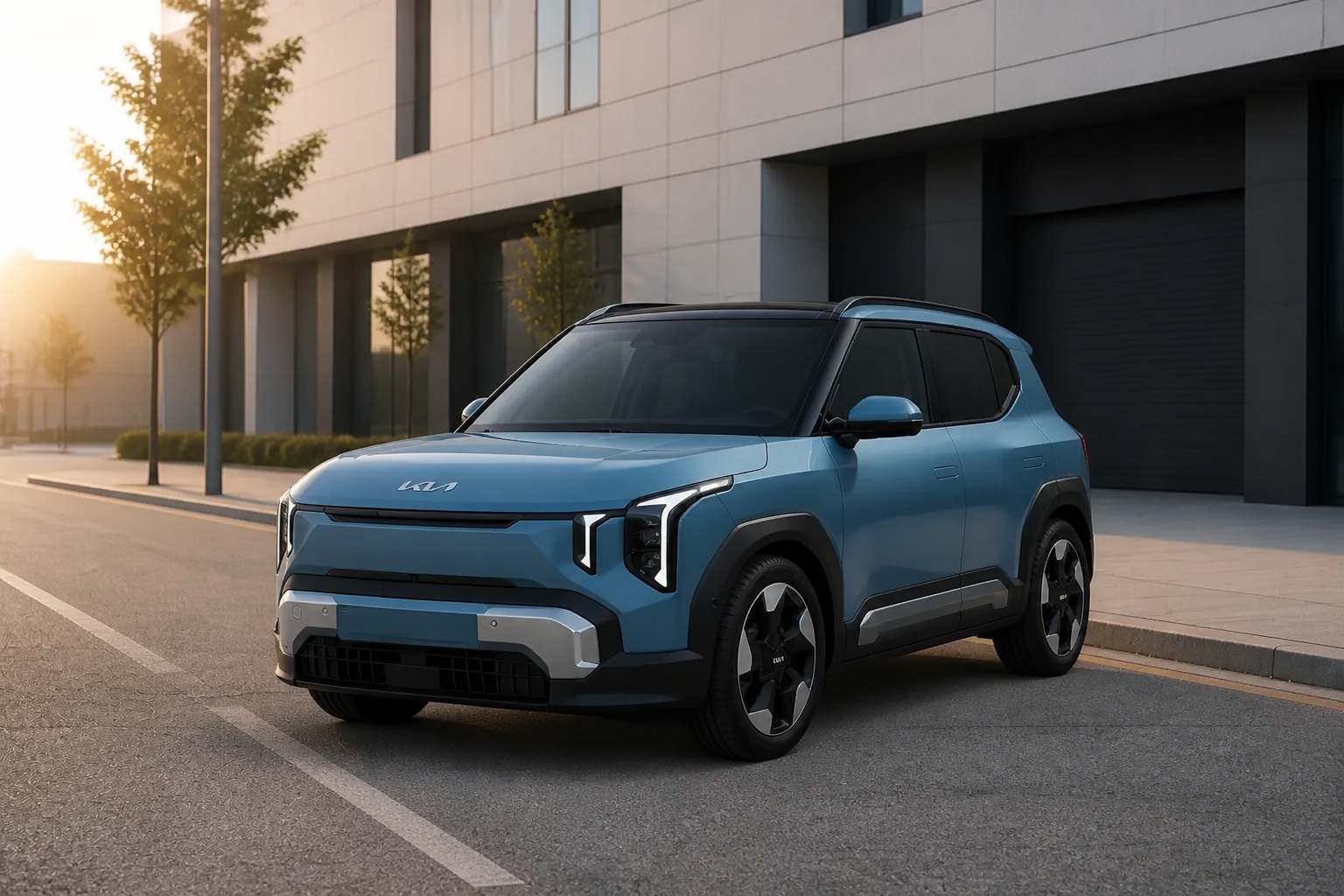 Kia EV2 azul parado en una calle urbana moderna al amanecer