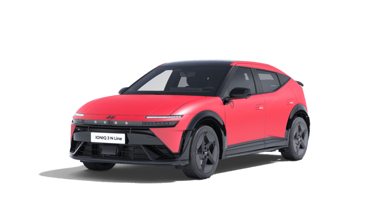 Hyundai IONIQ 3 rojo, vista tres cuartos delantera