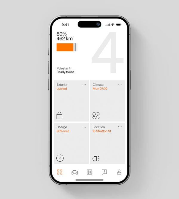 Aplicación móvil del Polestar 4 con la información del vehículo