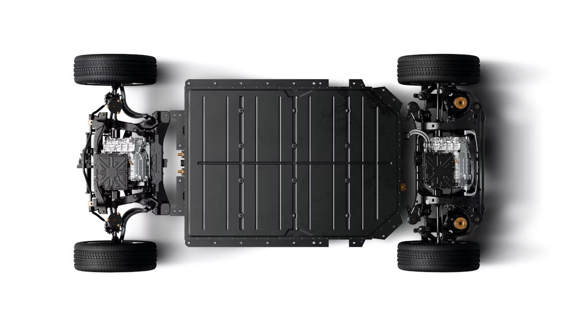 Plataforma eléctrica con batería, motores y suspensión vista desde arriba